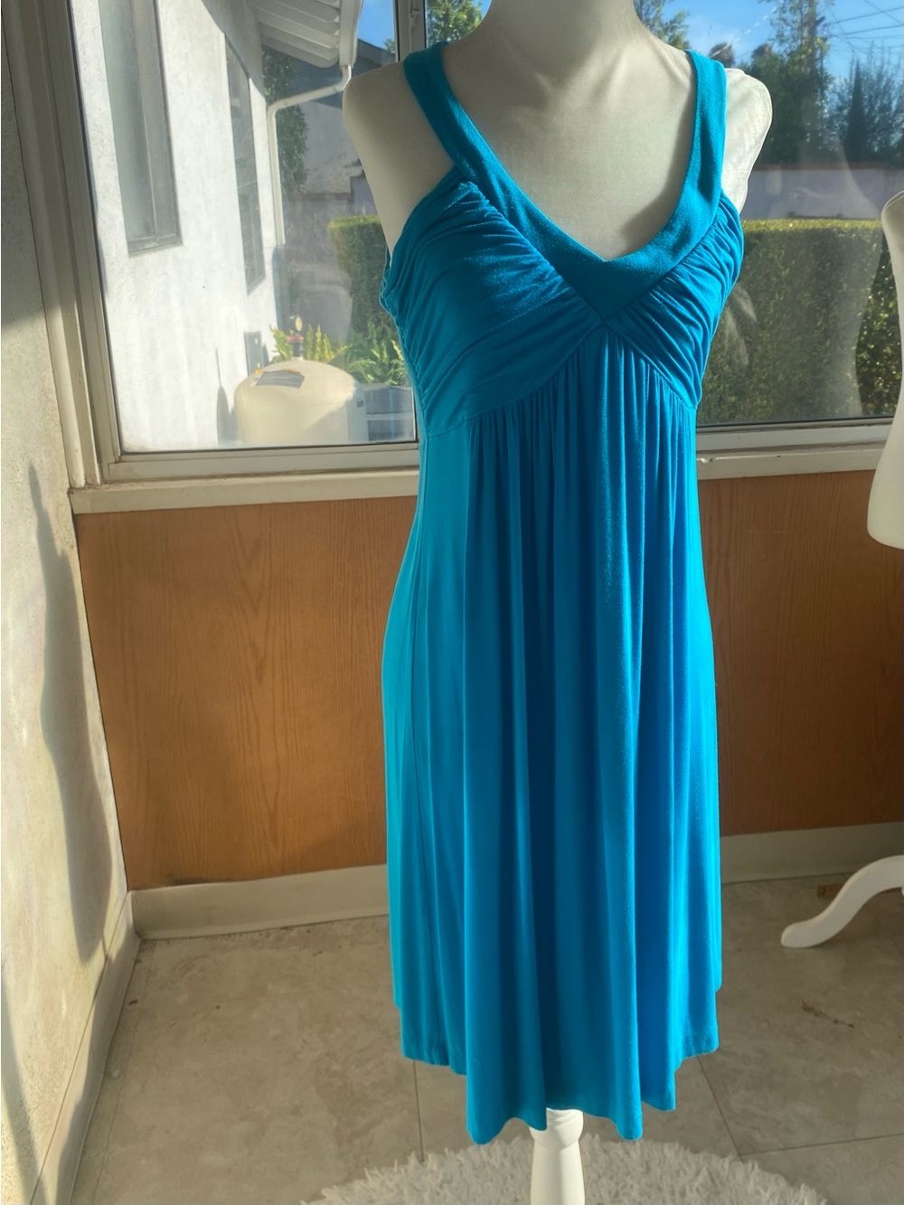 Calvin Klein Turquoise Blue Ruched Empire Waist Stretch Jersey Dress Size Small